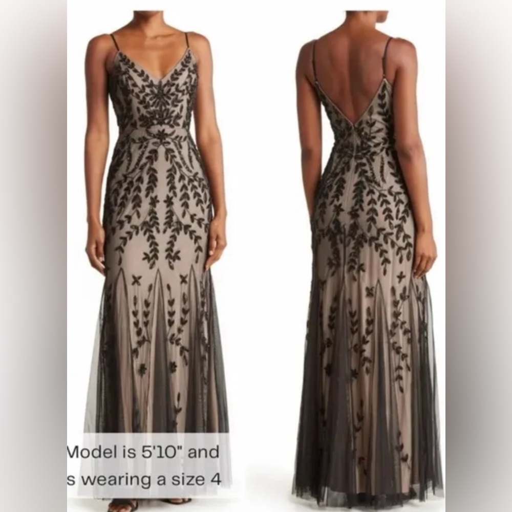 NEW Marina Black Beaded V Neck Tulle Gown 4